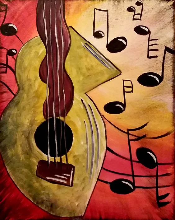 Abstract painting of a guitar with musical notes on a red and gold background.