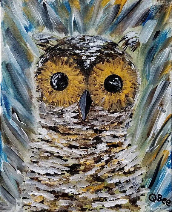 Owl painting with textured brushstrokes; yellow eyes, gray and white feathers, blue and yellow background.