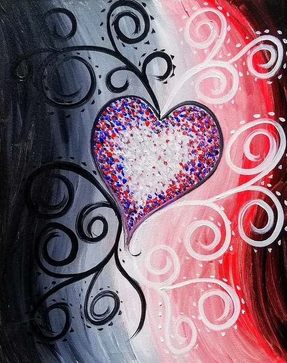 Abstract painting with a heart, divided between black/gray and red/white backgrounds.