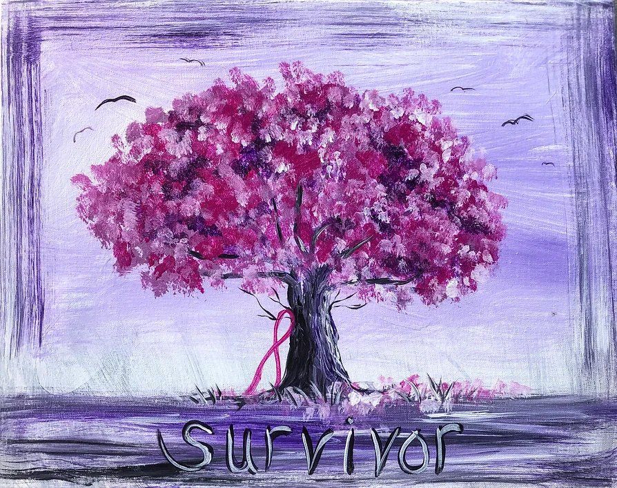 Pink blossoming tree with pink ribbon, representing a breast cancer survivor, with