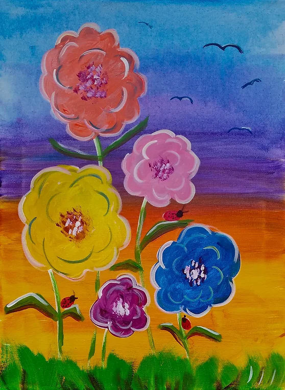 Colorful flowers with ladybugs against a gradient sky.
