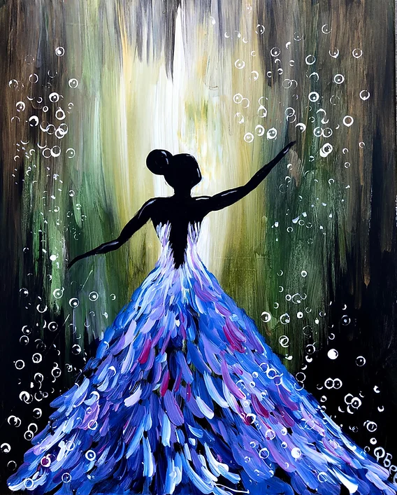 Silhouette of person in a blue feathered dress with arms outstretched; background of bubbles and green light.