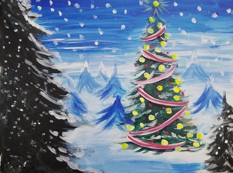 Christmas tree in a snowy landscape, with other evergreen trees and blue mountain peaks.