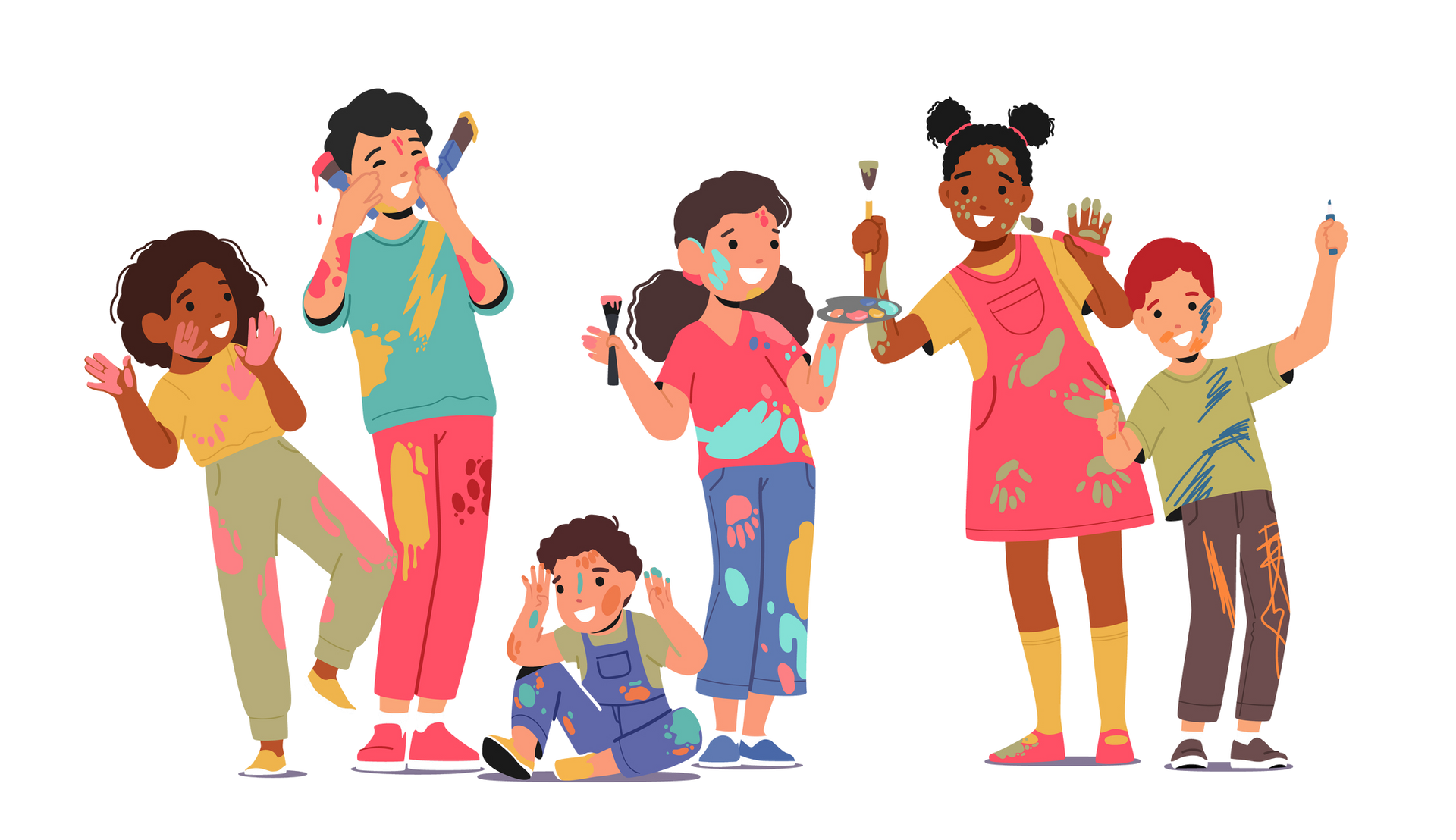 Children covered in paint smiling and having fun, some holding brushes.