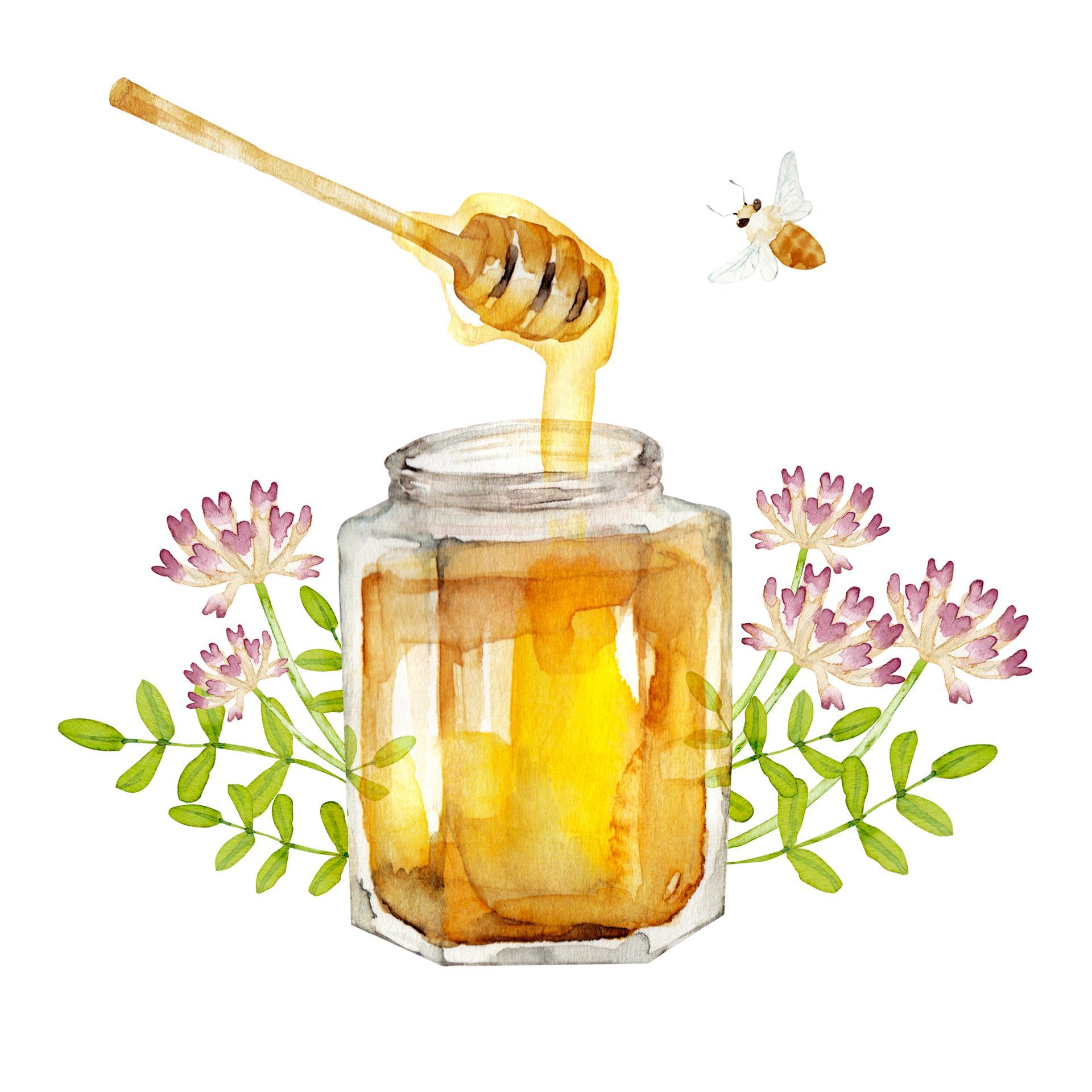 Honey jar with dripping honey, a honey dipper, a bee, and pink flowers.