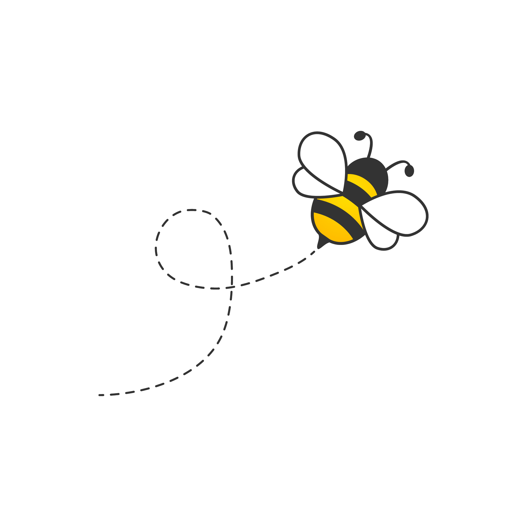 Yellow and black bee flying with dotted path.