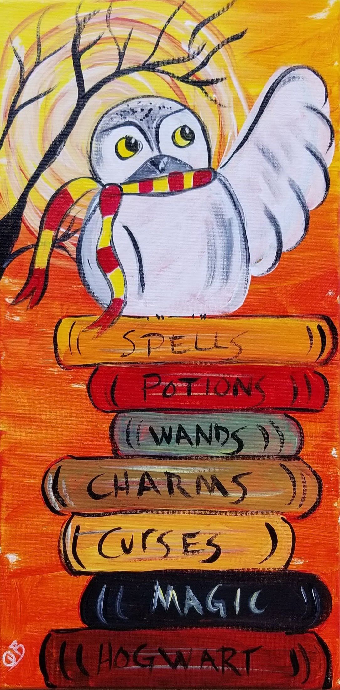 Owl with scarf atop books labeled