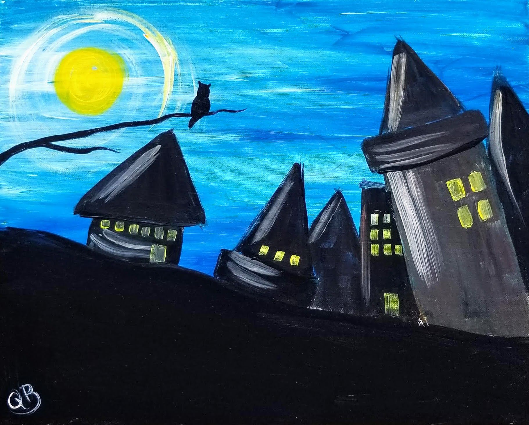 Whimsical night scene with dark, slanted buildings, a yellow moon, and a perched bird against a blue sky.