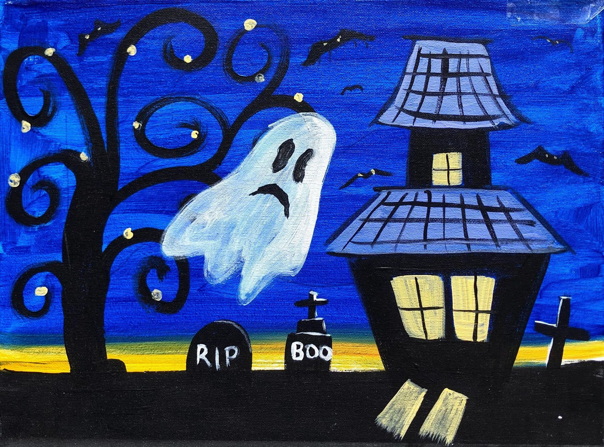 Halloween scene: ghost, haunted house, bats, and tree silhouetted against a dark blue sky.