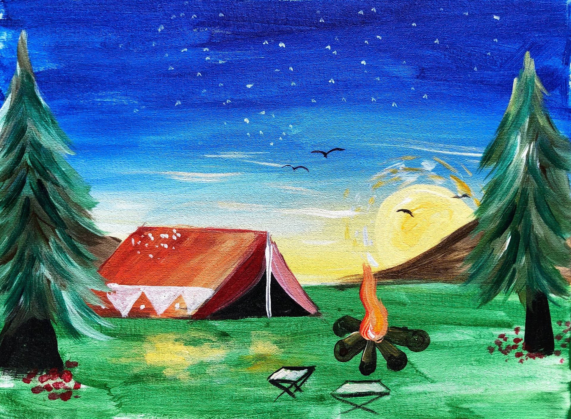Camping scene: tent, campfire, and trees under a starry night sky, with a setting sun.