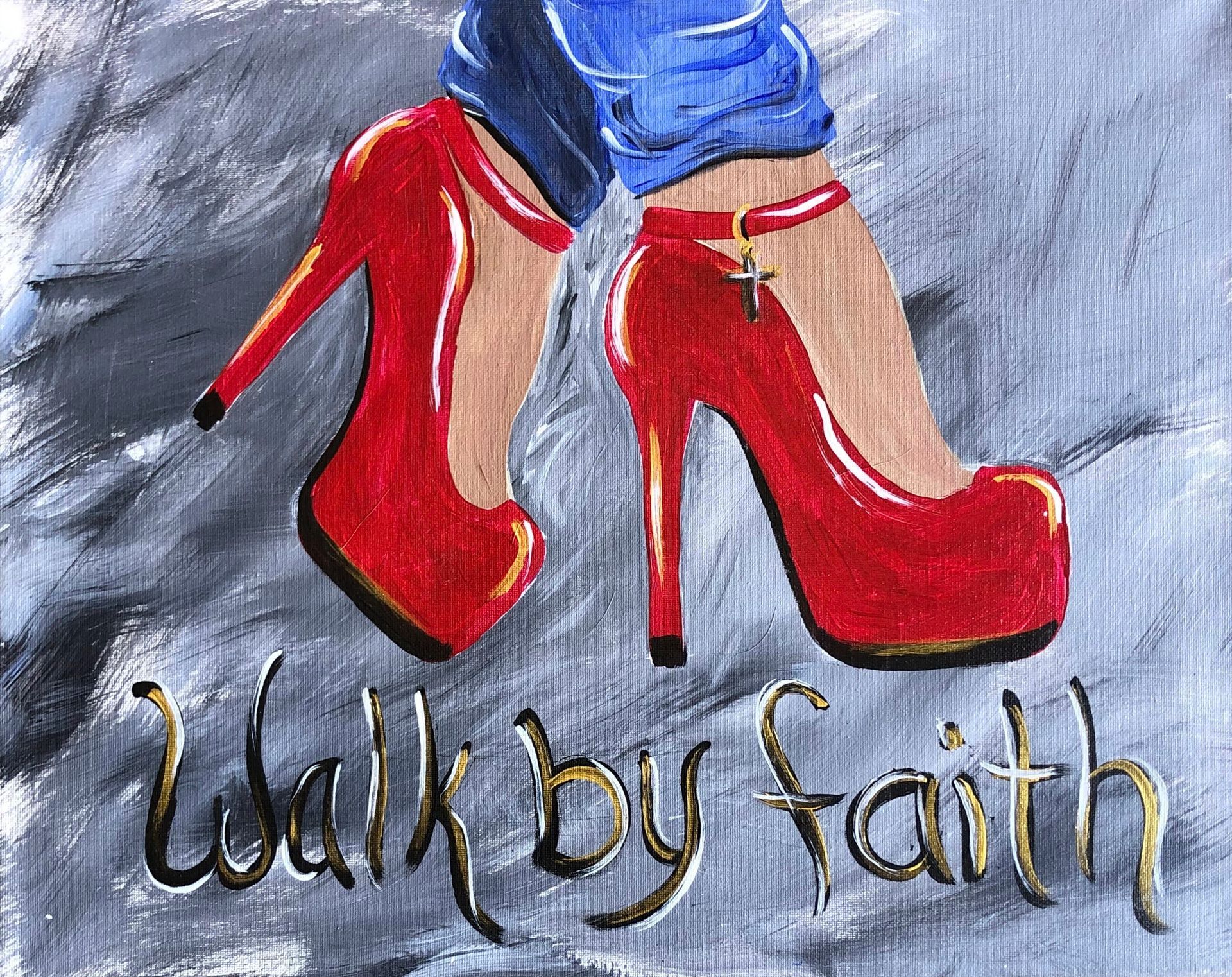 Red high heels, blue jeans. Text