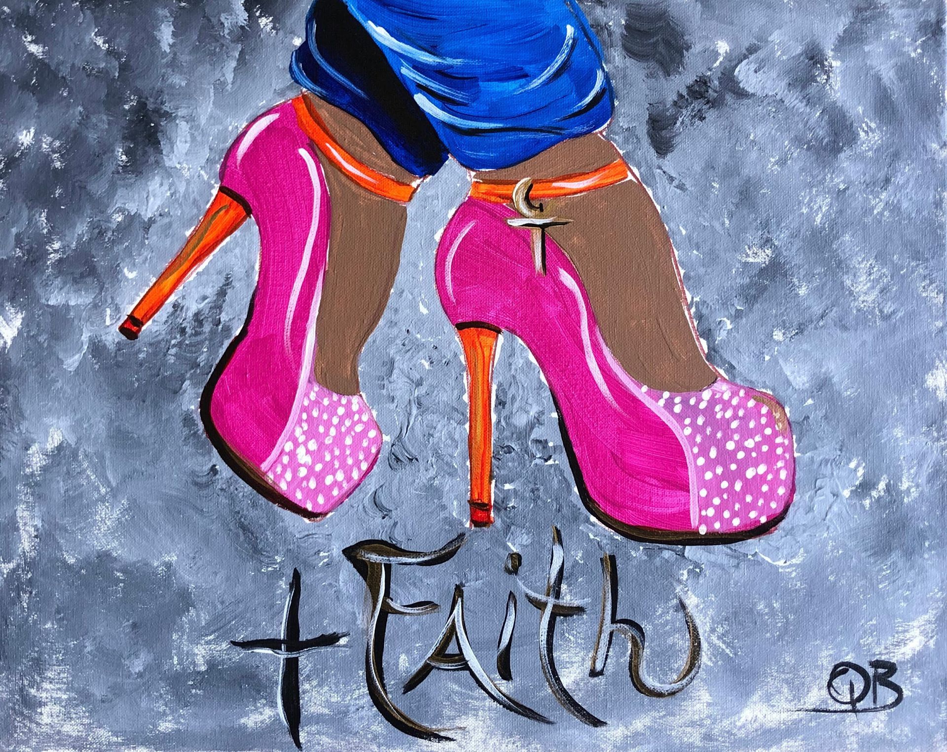 Pink high heels with orange accents, cross pendant, jeans, and