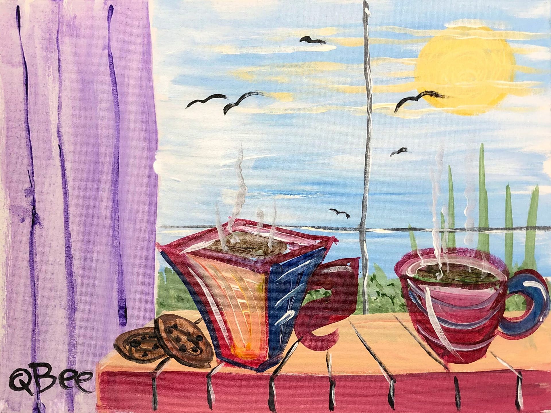Watercolor painting: coffee cups on table, window with ocean view, sun, birds, purple curtain.