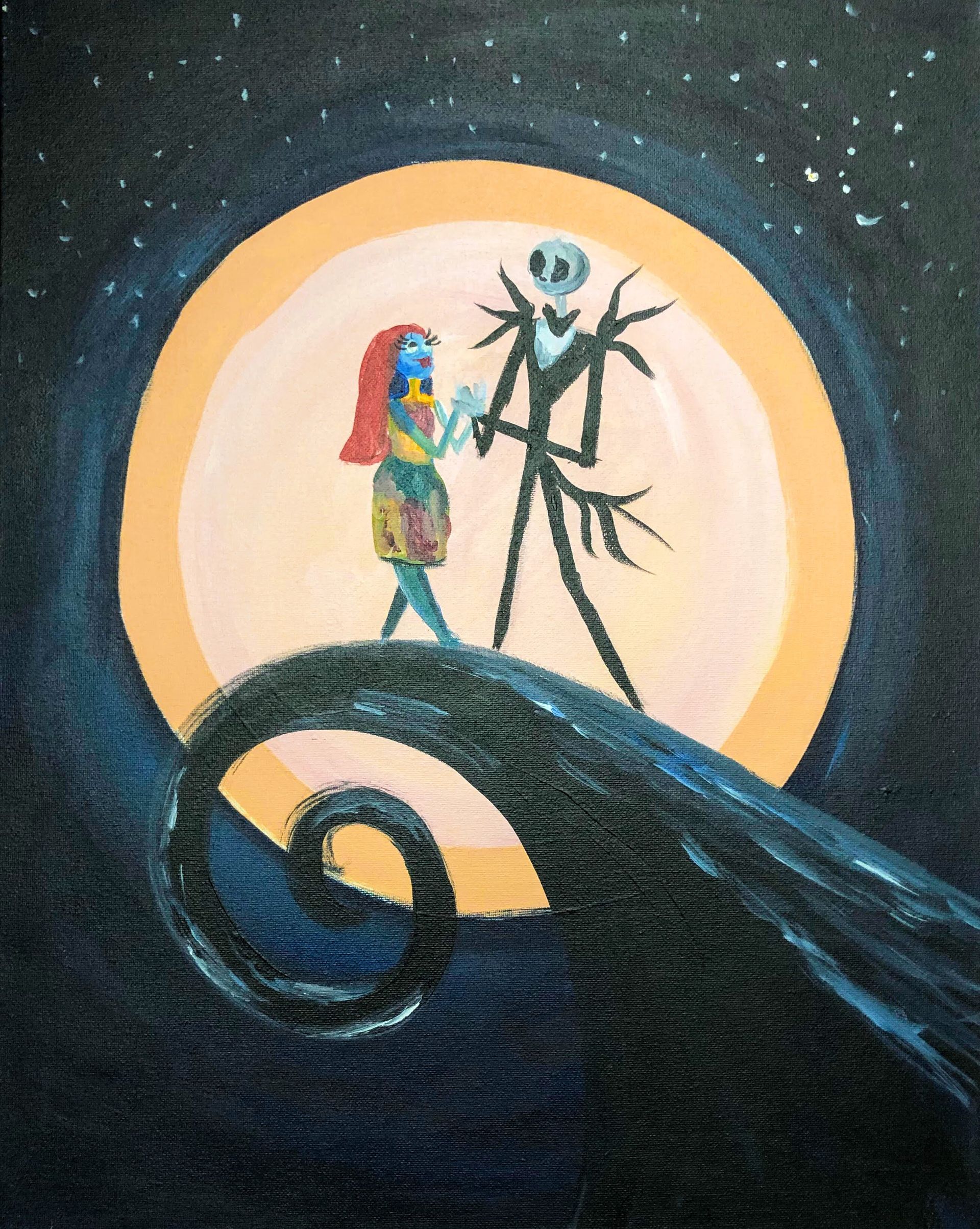 Jack Skellington and Sally holding hands on a hill with moon in the background.