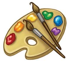 Paint palette with colorful blobs of paint and two paintbrushes.