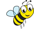 Cartoon bee with yellow and black stripes, smiling, flying, and has small blue wings.