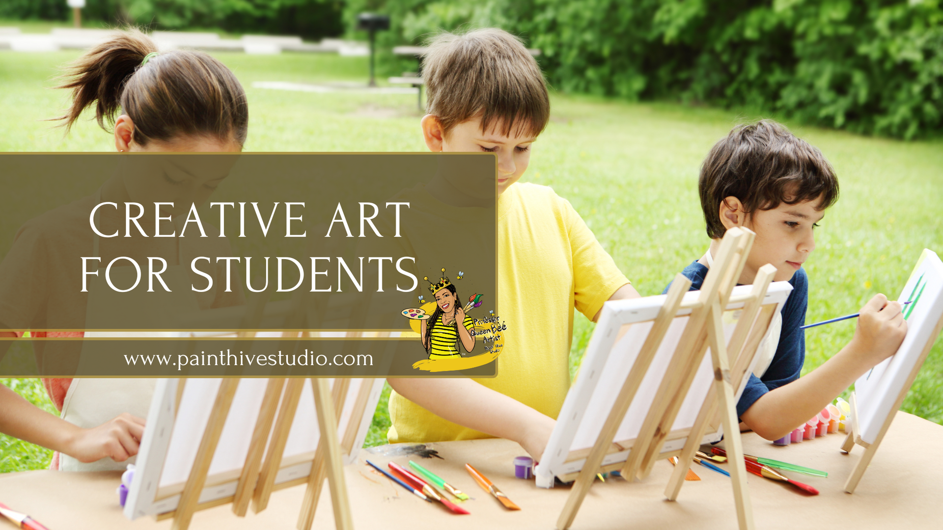 Three students painting at easels outdoors;