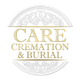 White circular logo with gold text reading “CARE Cremation & Burial”
