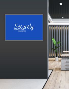 A blue sign is hanging on a wall in an office.