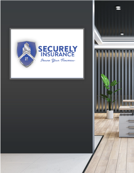 A blue sign is hanging on a wall in an office.