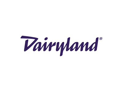 The dairyland logo is purple and white on a white background.