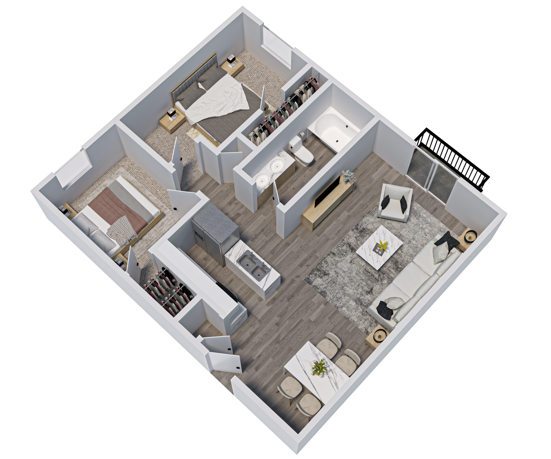 3D floor plan of a two-bedroom apartment featuring an open kitchen, dining, and living area, with one bathroom.