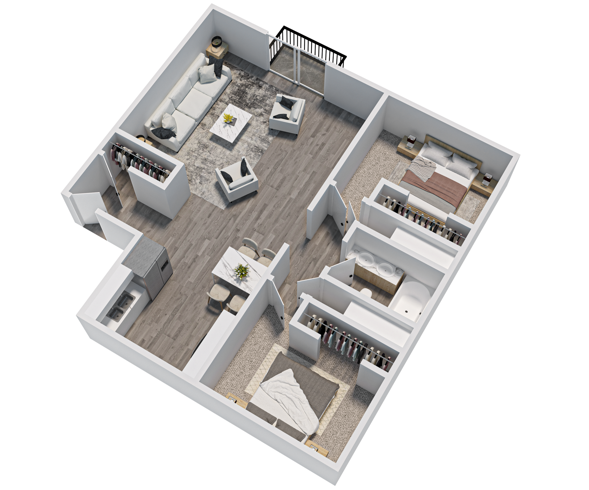 3D floor plan of a one-bedroom apartment with an open living area, kitchen, bathroom, and walk-in closet.