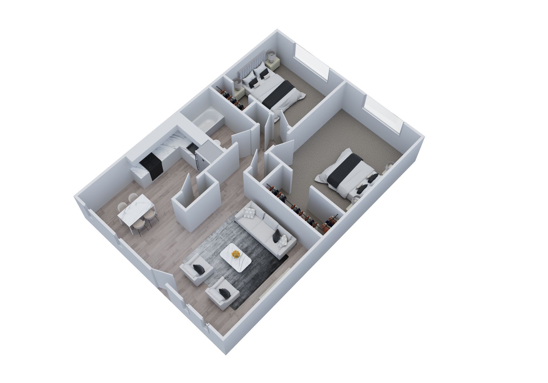 3D floor plan of a one-bedroom apartment with an open living room, dining area, kitchen, and bathroom.