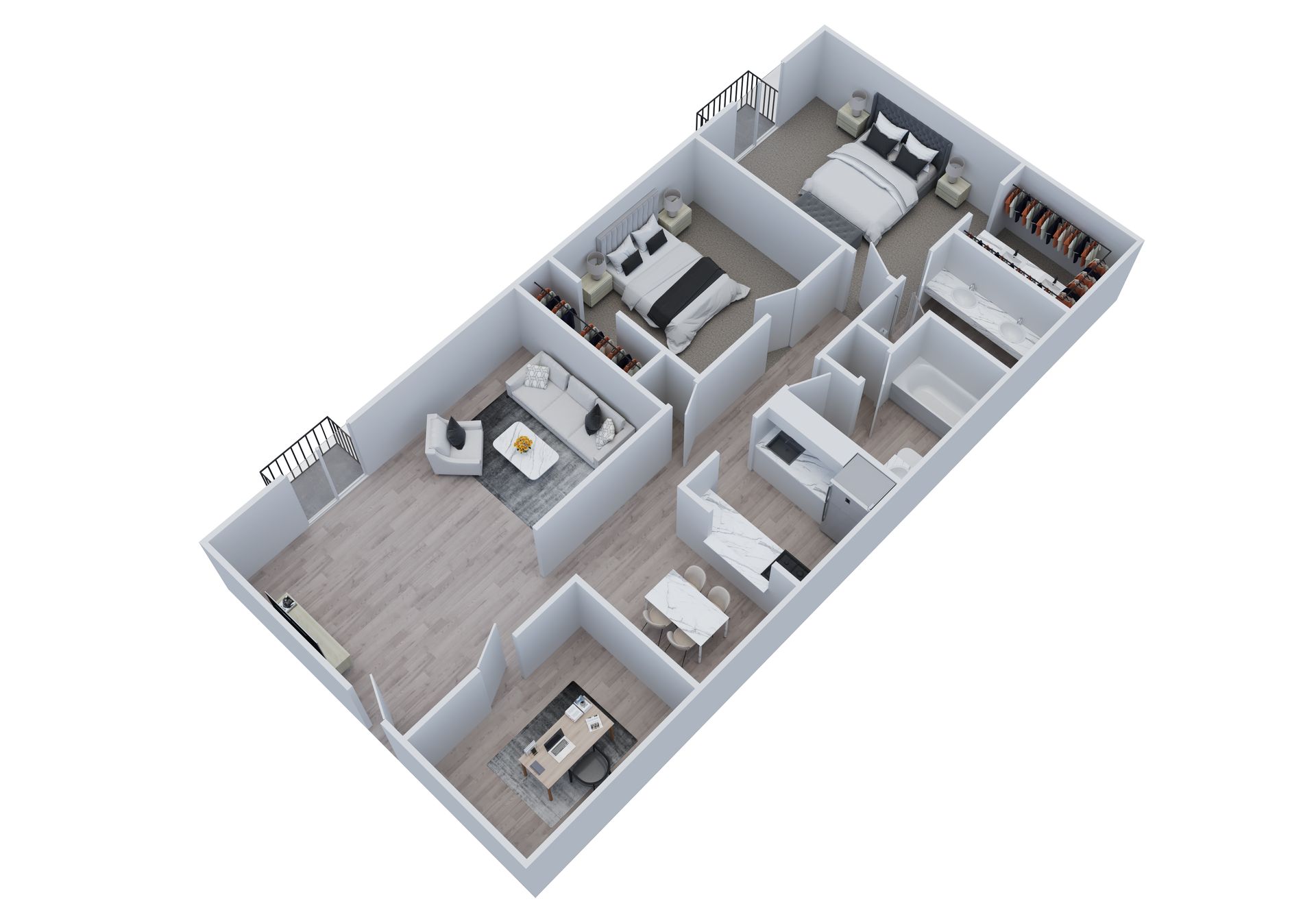 3D floor plan of a two-bedroom apartment featuring an open kitchen, dining, and living area, with one bathroom.