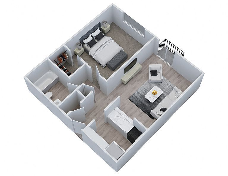 3D floor plan of a one-bedroom apartment with an open living area, kitchen, bathroom, and walk-in closet.
