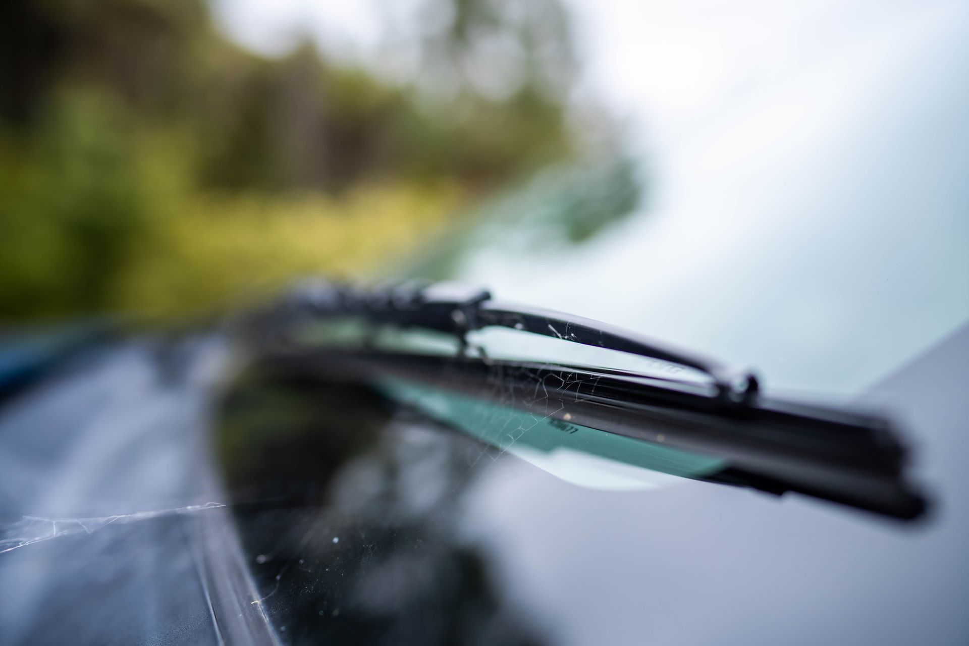 Tergicristalli in azione, che rimuovono l'acqua dal parabrezza di un'auto con uno sfondo verde sfocato.