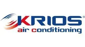 Logo di "KRIOS air conditioning" con testo blu e rosso e un grafico stilizzato del flusso d'aria.
