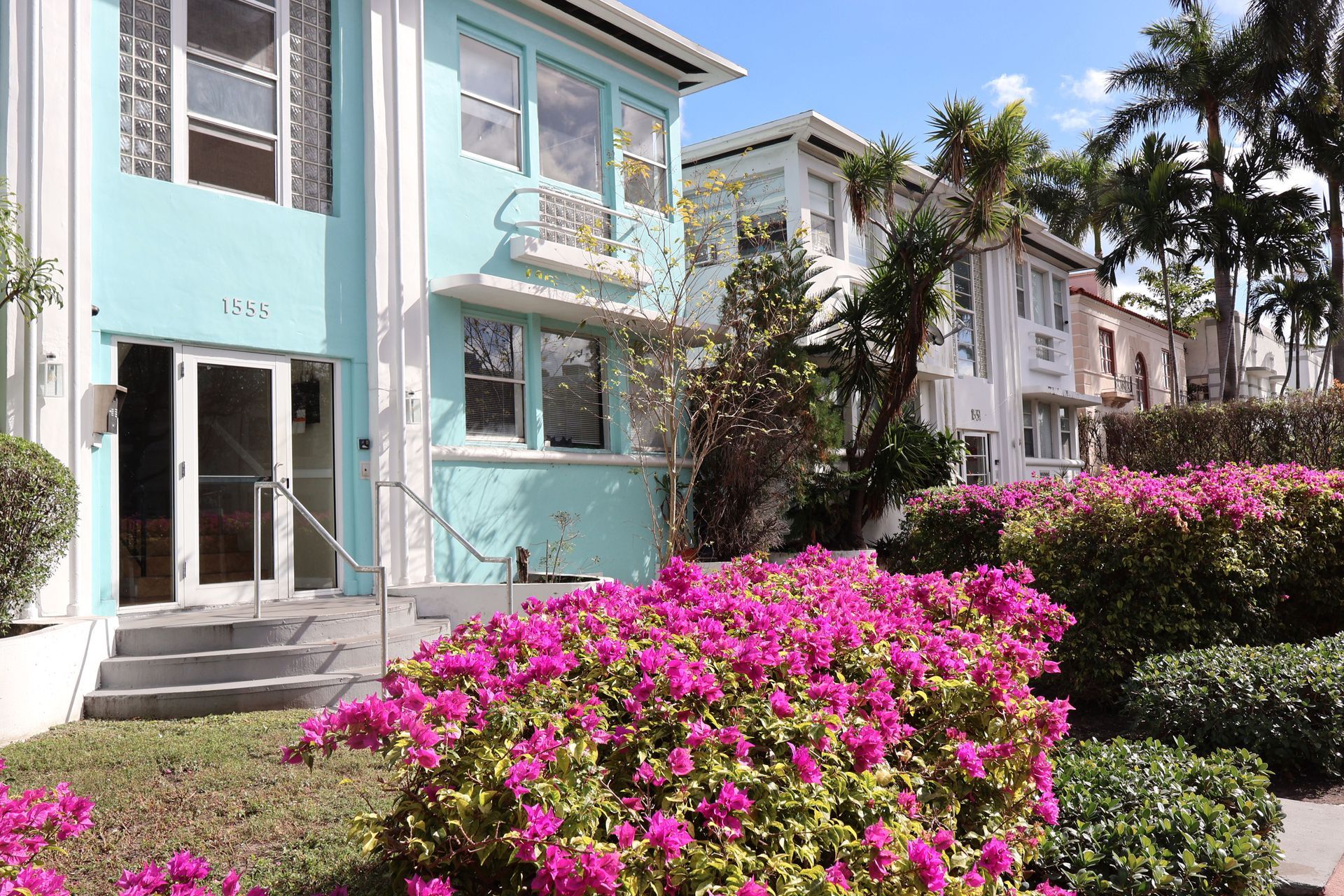 Pastel-colored apartment buildings beside bright pink flowering bushes and palm trees