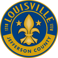 Louisville, Kentucky city seal in blue and gold with fleur-de-lis and stars