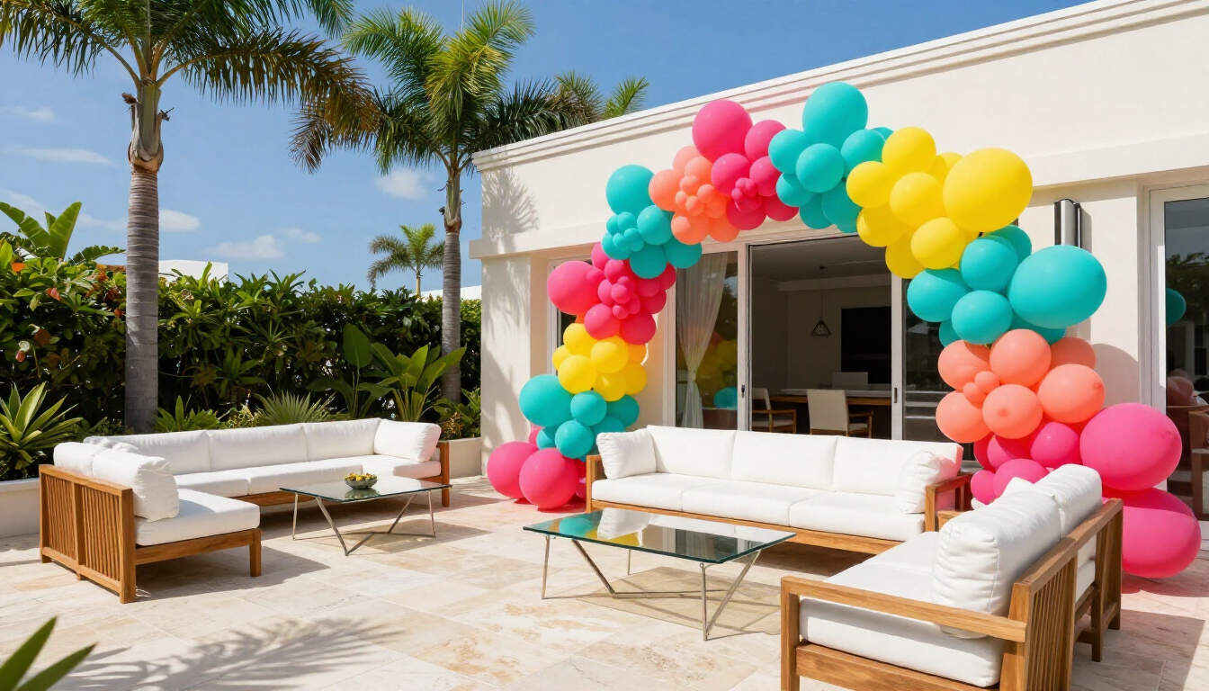 Colorful birthday balloon decor in Miami featuring an organic garland and backdrop.