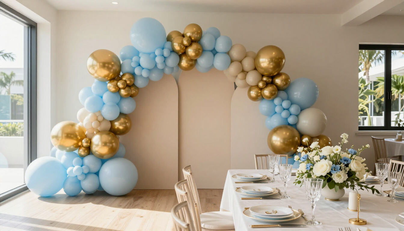 Elegant organic balloon garland for a Miami baby shower in soft pastel tones.