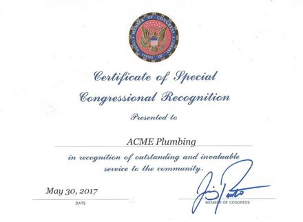 Plumbing — Special Congressional Recognition in Salinas, CA