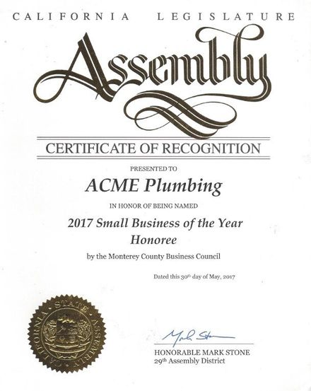 Commercial plumbing — Certificate from California Legislature Assembly in Salinas, CA