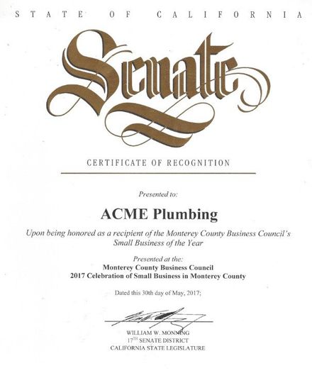 Plumbing contractor — Certificate from State of California Senate in Salinas, CA