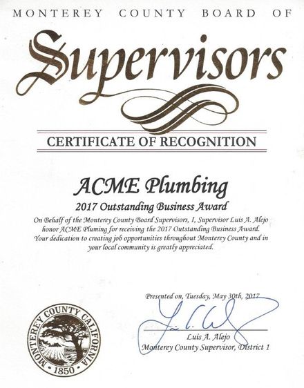 Plumber near me — Certificate from Monterey County Board of Supervisors in Salinas, CA