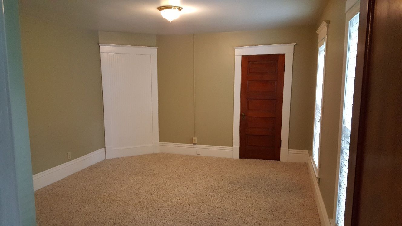 Empty room with beige carpet, green walls, white trim, brown door.