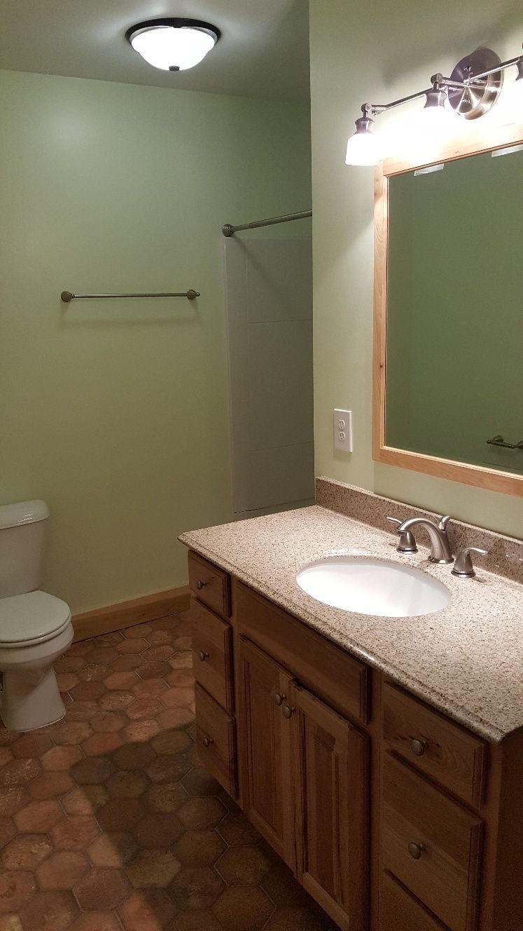 Bathroom with a sink, toilet, brown cabinets, and green walls.