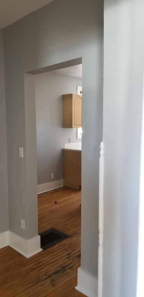 A doorway opening into a kitchen with cabinets, wood floor, and gray walls.