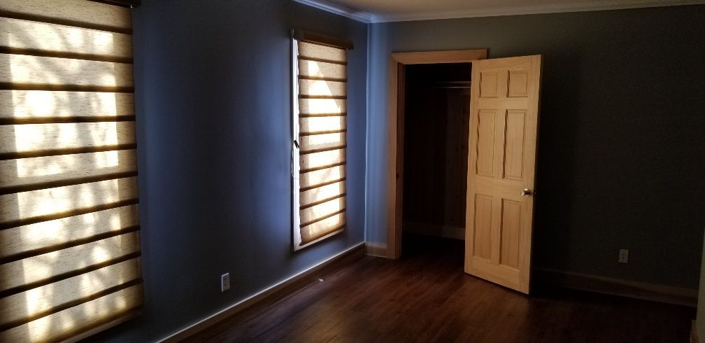Empty room with dark blue walls, wood floor, and two windows with shades. Wooden closet door open.