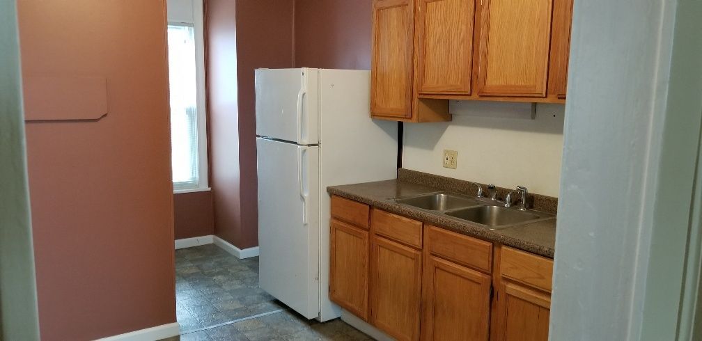 A kitchen with white refrigerator, wood cabinets, sink, and brown walls.