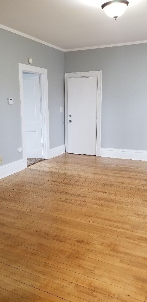 An empty room with hardwood floors, two white doors, and light gray walls.