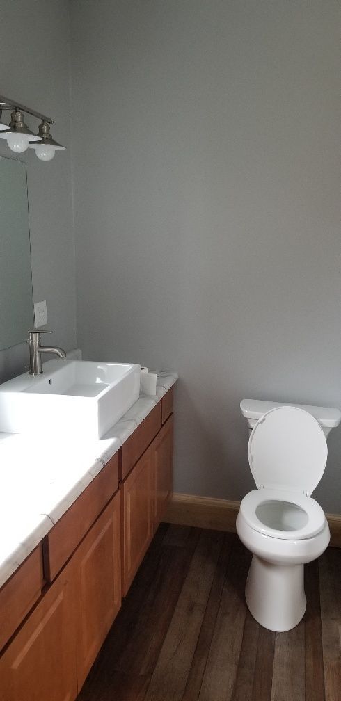 Bathroom with vanity, toilet, mirror, and hardwood-look flooring. Light gray walls and natural wood cabinets.