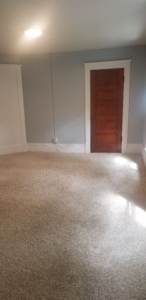 Empty room with grey walls, brown door, and tan carpet. Sunlight streams in from the right.
