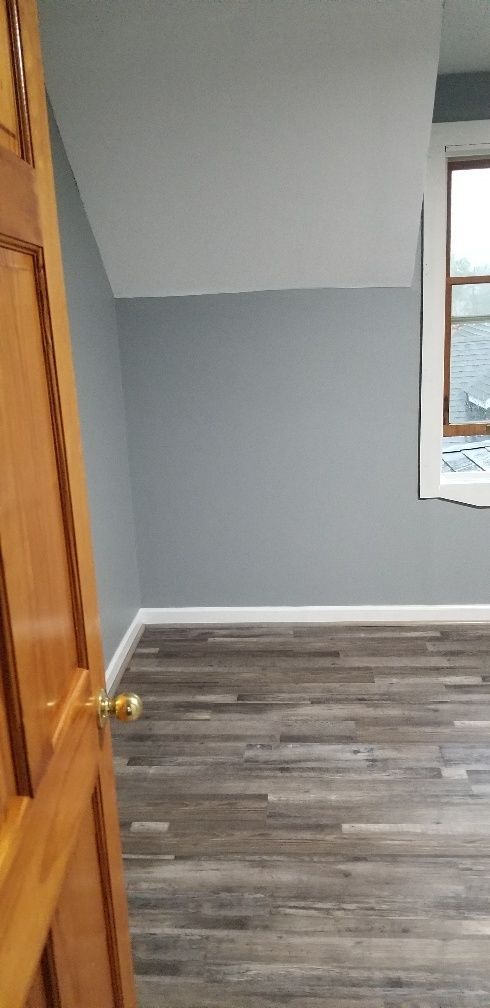A room with gray walls, wood-look flooring, and a white-framed window. A brown door is on the left.