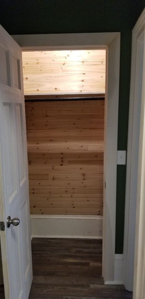 An open doorway revealing a closet with wood paneling. The walls are painted green.